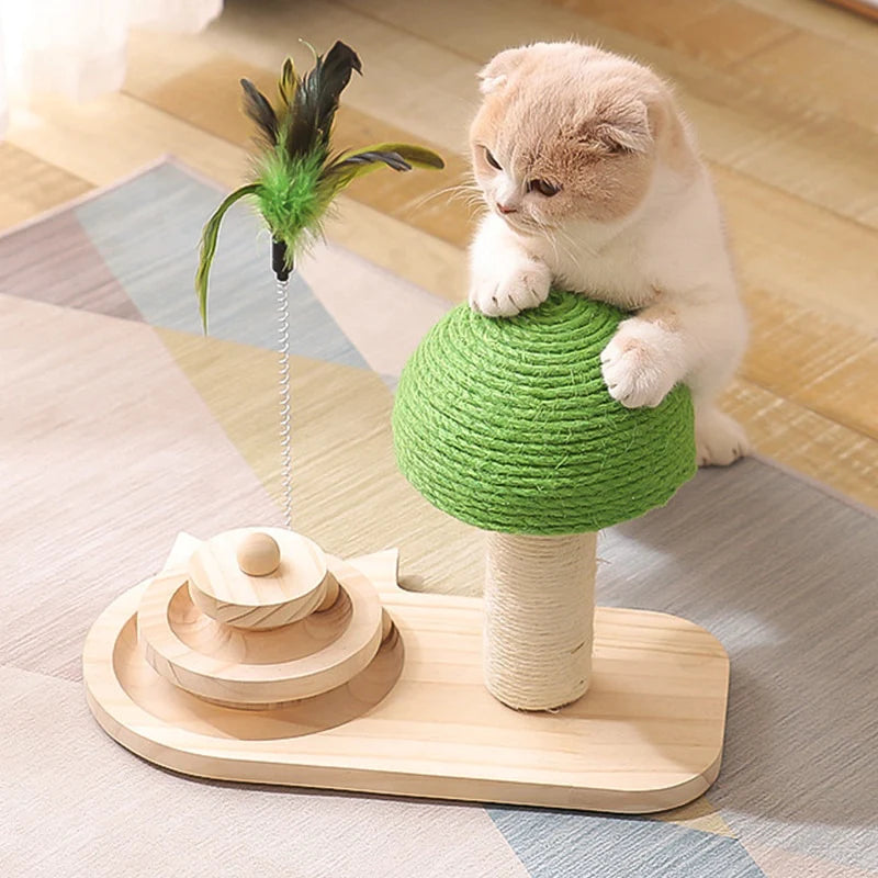 Cat Scratching Post with Toy – Sisal Scratcher with Feather & Rolling Balls